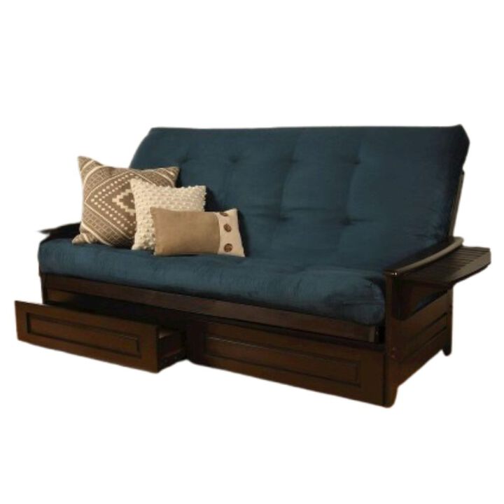 Phoenix Frame Queen-Espresso Finish-Suede Navy Mattress-Storage Drawers