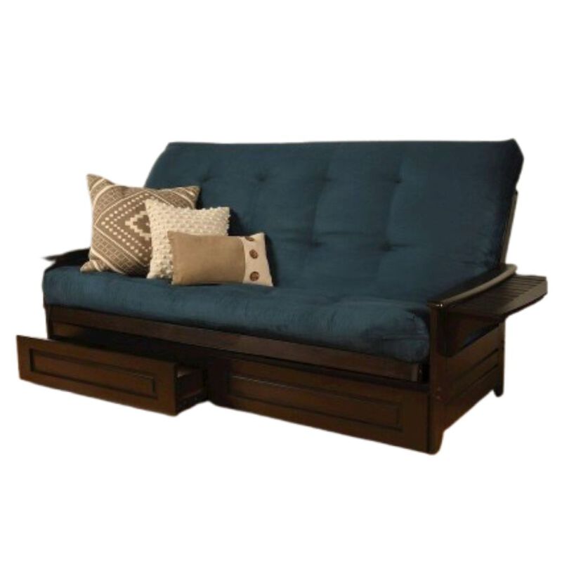 Phoenix Frame Queen-Espresso Finish-Suede Navy Mattress-Storage Drawers