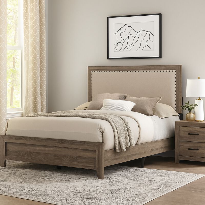Shannon King Panel Bed with Nailhead Trim, Ivory Fabric, Gray Wood
