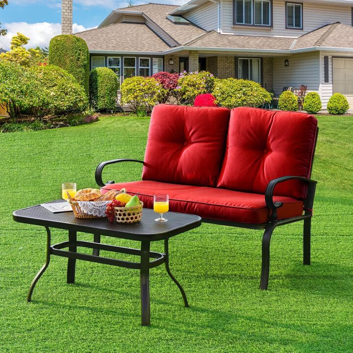 2PCS Patio Loveseat Bench Table Furniture Set with Cushioned Chair