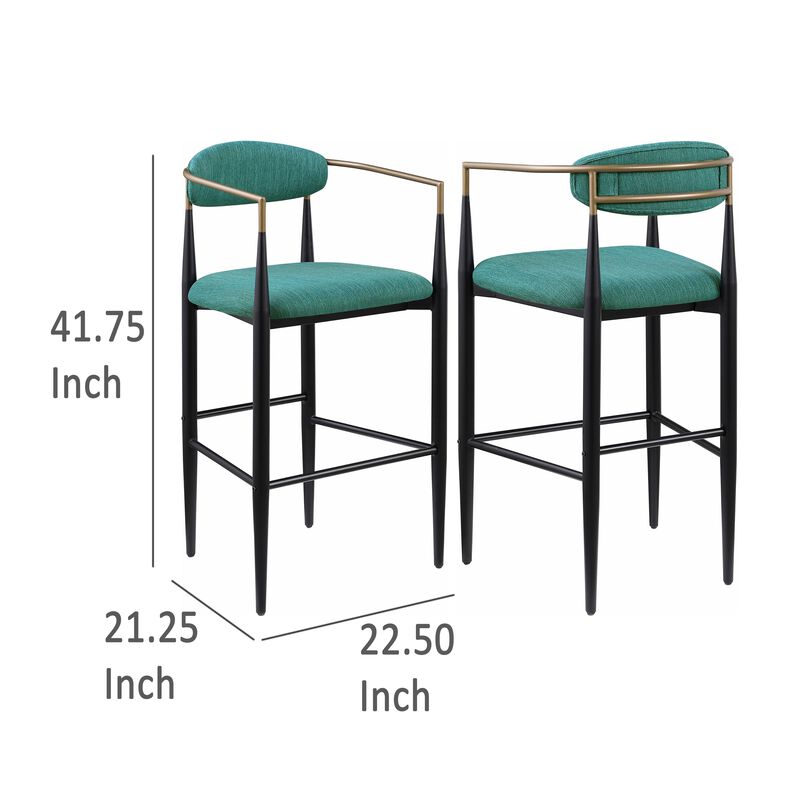 Tiara Bar Chair Set of 2, Teal Green Fabric, Gold, Black Metal 30 Inch - Benzara