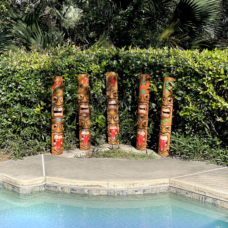 Set of 5 Double Tiki Mask Totem Wall Decor Hand Carved Tribal Sculpture 40 Inch image number 5