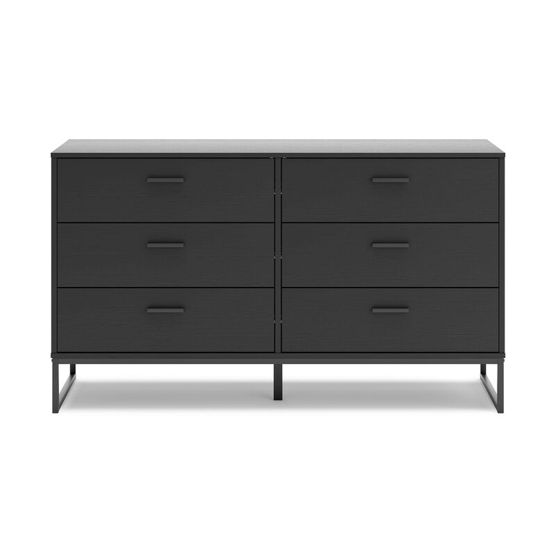 Alli Wide Dresser, 6 Drawers, Matte Black Wood, Metal Base, 59 Inch - Benzara