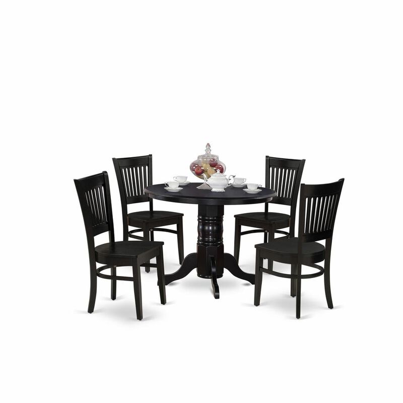 East West Furniture - SHVA5-BLK-W - 5-Pc Dining Room Set- 4 Dining Room Chair and Dinner Table - Linen Fabric Seat and Slatted Chair Back - Black Finish