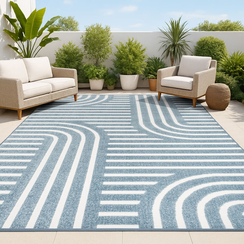Anders High-Low MidCentury Modern Arch Stripe Two-Tone Indoor/Outdoor Area Rug