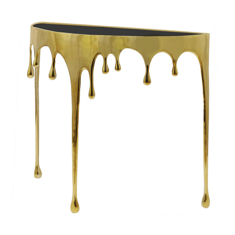 Capri Sofa Console Table | 36.25" Half Moon Glass Top | Melting Drip Design | Aluminum Cast | Antique Gold