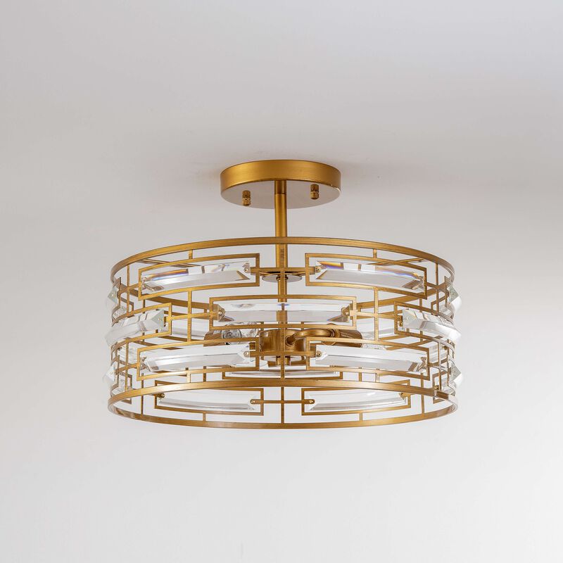 Ariel 3-Light Drum Shade Clear Glass Prism Flush Mount - Medium‑gloss Brushed Brass Finish image number 6