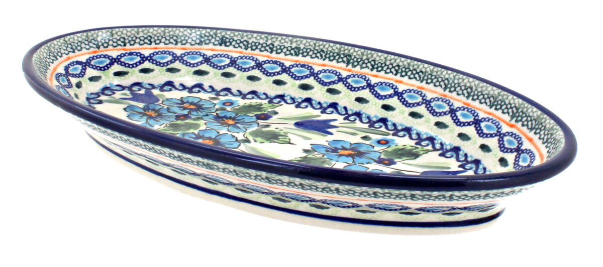 Blue Rose Polish Pottery Flowering Peacock Small Oval Platter