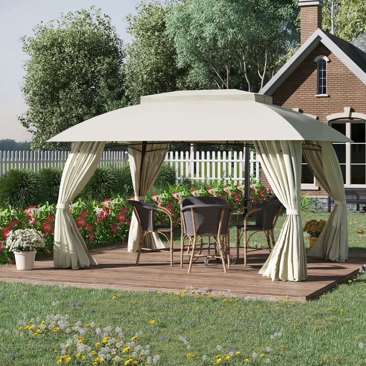 13' x 10' Patio Gazebo Outdoor Canopy Shelter with Sidewalls, Double Vented Roof, Steel Frame for Garden, Lawn, Backyard and Deck, Beige