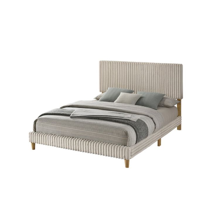 Best Quality Furniture Queen size panel bed with wooden legs in Cream color