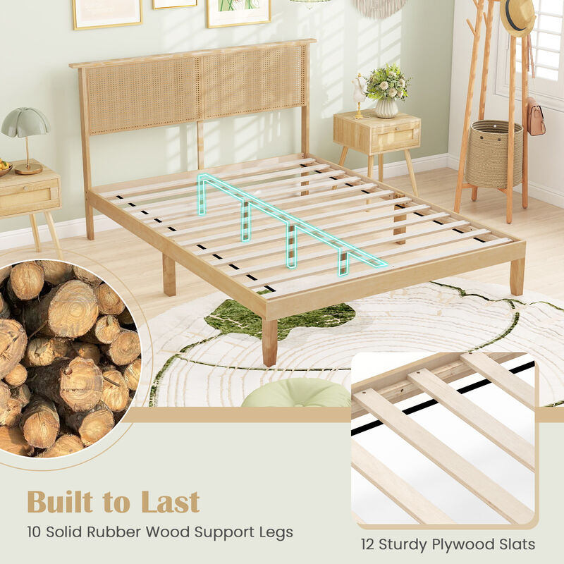 Modern Bed Frame with Rattan Headboard and Wood Slat Support-Natural image number 5
