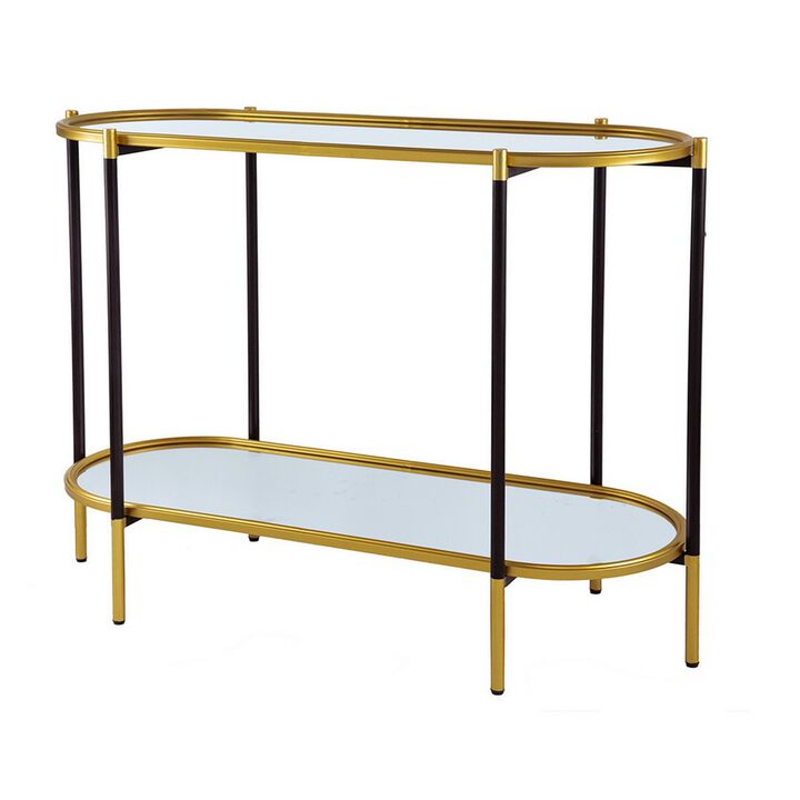 30 Inch Console Sideboard Table, Oblong, Mirrored Top, Black, Gold - Benzara
