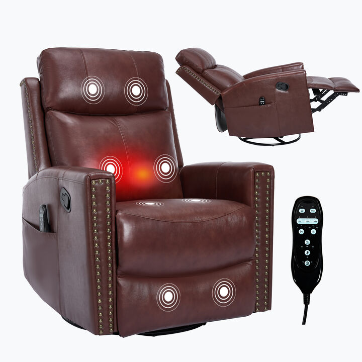 Gnuine Leather Heat Massage Manual Recliner Chair with Rocker and Swivel