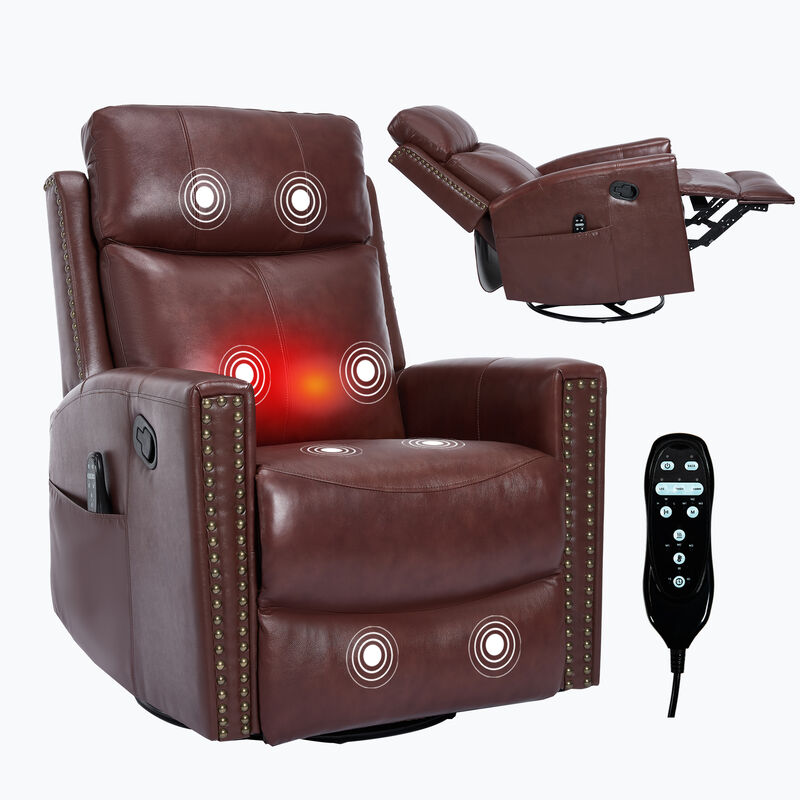 Gnuine Leather Heat Massage Manual Recliner Chair with Rocker and Swivel image number 0