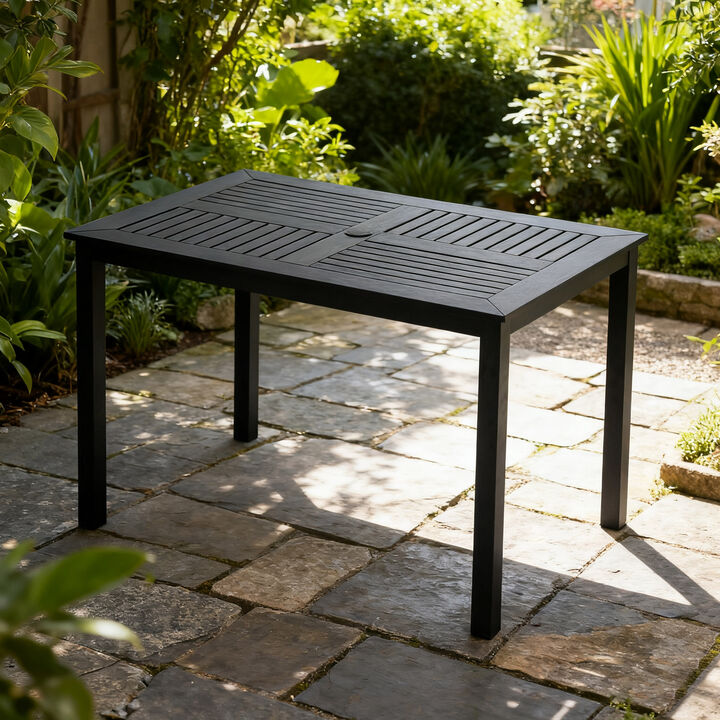 High-Density Plastic Wood Outdoor Table, Waterproof Slatted Top with Umbrella Hole, Rust-Proof Metal Frame