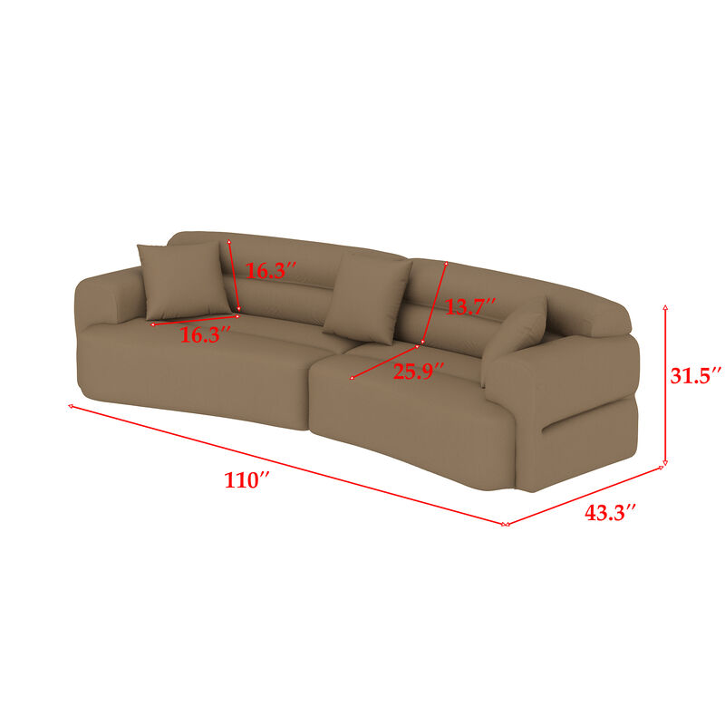 FUFU&GAGA Large Curved Sofa with 3 Throw Pillows & Armrests, Padded Upholstered Cushions, (110 in. W x 43.3 in. D x 31.5 in. H, Seat Depth 25.9 in.), Chocolate Brown