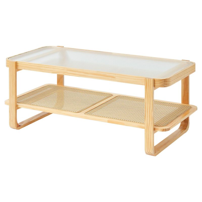 Rectangular Rattan Coffee Table with Glass Top and Wood Legs for Living Room or Bedroom