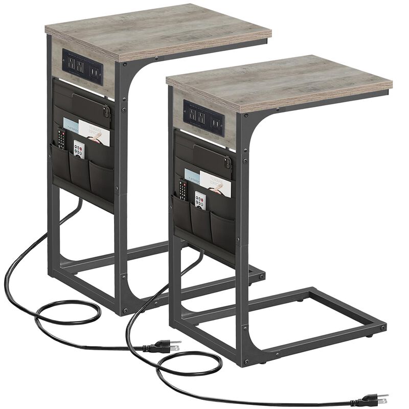 TUTOTAK C Shaped End Table with Charging Station, Side Table for Sofa, Couch Table with Storage Bag, Set of 2, TV Tray Table wit