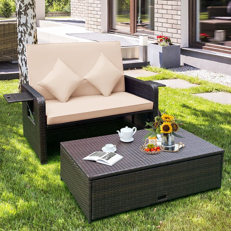 Mondawe Patio Rattan Daybed with 4-Level Adjustable Backrest and Retractable Side Tray