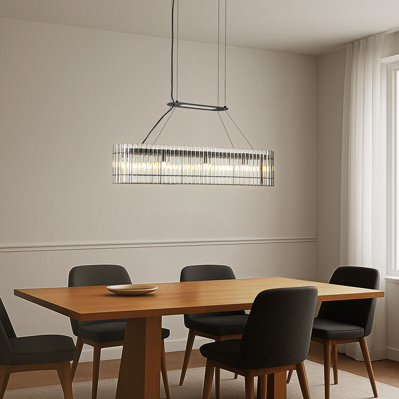 8-Light 39'' Modern Elegant Rectangle 2-Tier Glass And Matte Black Chandelier For Dining Room image number 2