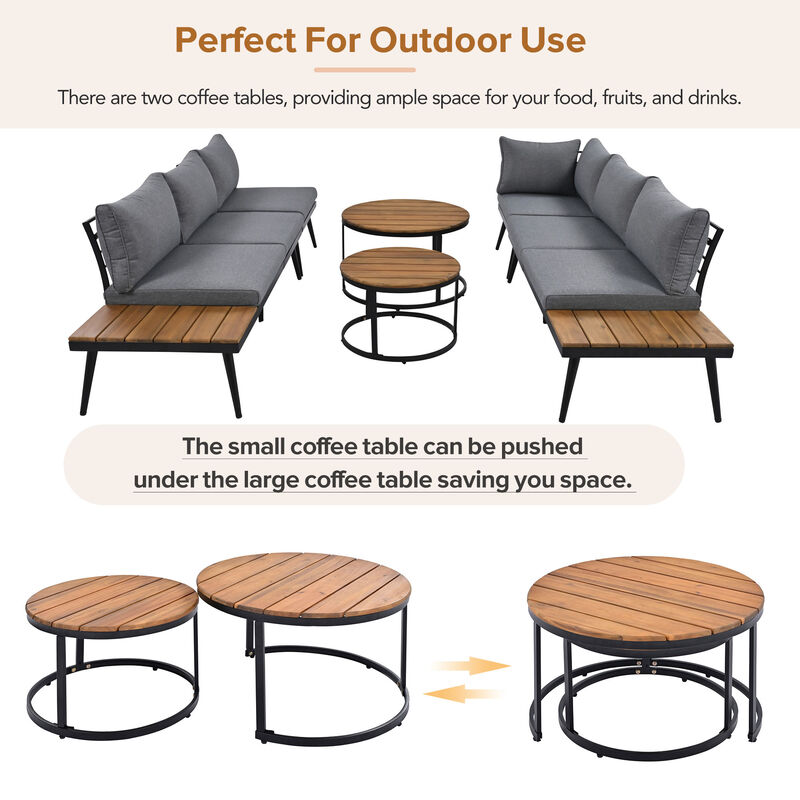 Clihome 6-Piece Outdoor Sectional Sofa Set with Round Nesting Coffee Tables and Seating Sofa with Cushions for Patio image number 9