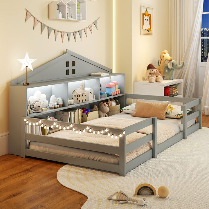 Montessori Twin Floor Bed with Open Storage Compartments And Shelf