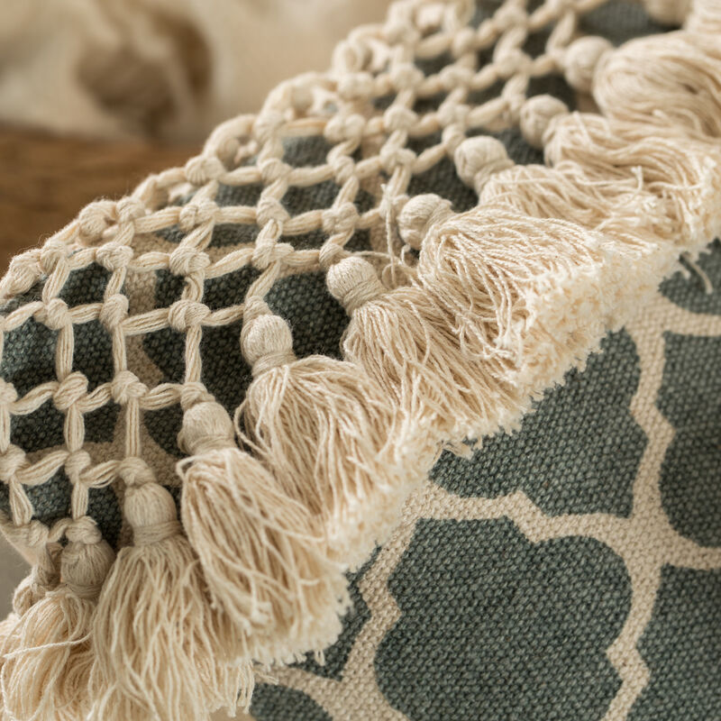 16" Handwoven Cotton Throw Pillow Cover with Ogee Pattern and Tasseled Top with Filler, Charcoal