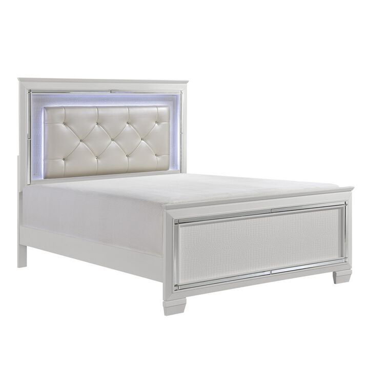 Noah Contemporary Queen Bed, LED Backlit Crystal Tufted Headboard, White-Benzara
