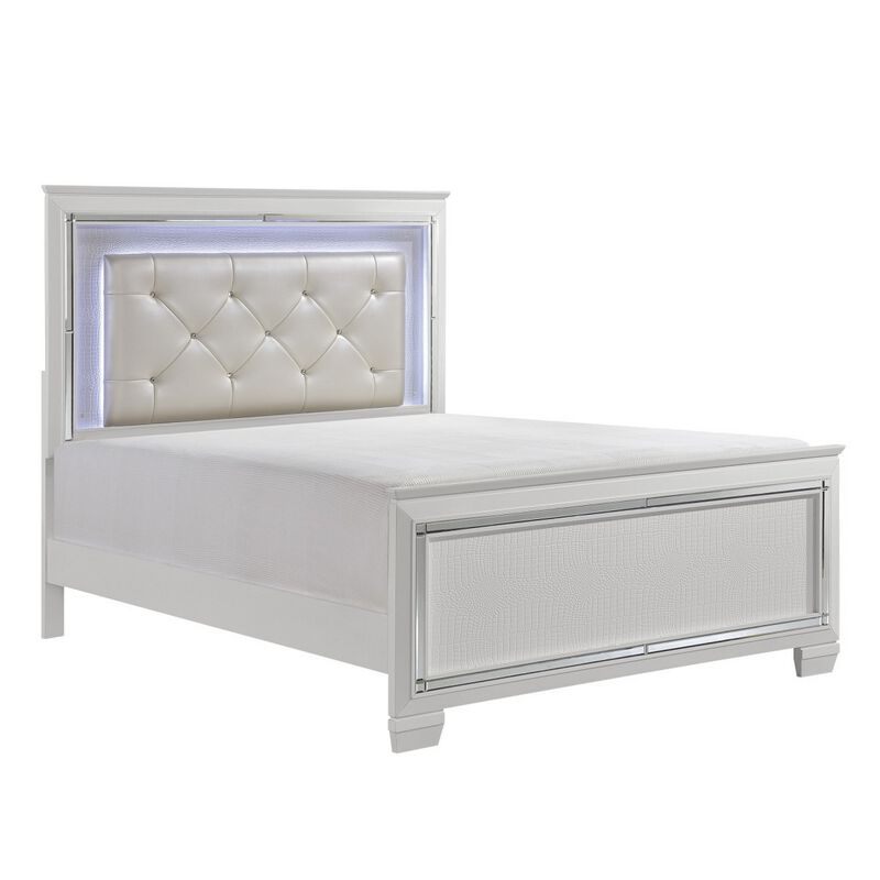 Noah California King Bed, LED Backlit Crystal Tufted Headboard, White - Benzara