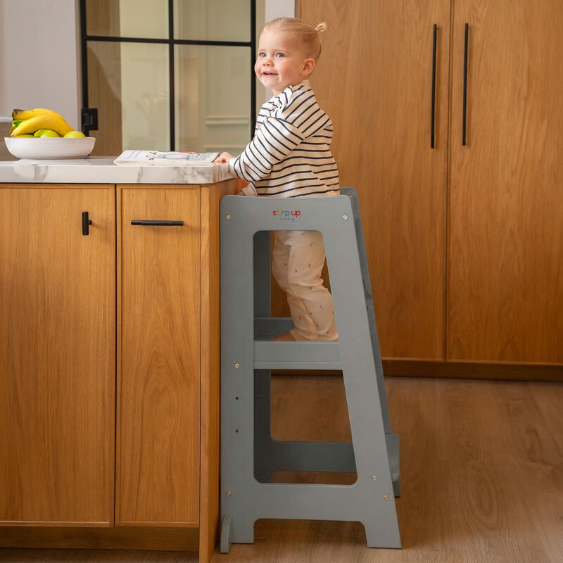 Stepup Baby&reg; Adjustable Toddler Tower - Gray Wooden Step Stool for Kids | Toddler Standing Tower with Child-safe Chopper & Chopping Board for 18M-4Y image number 6