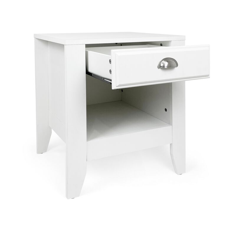 Crown Bedside Table Nightstand, 21 Inch w Drawer n Shelf, White MDF