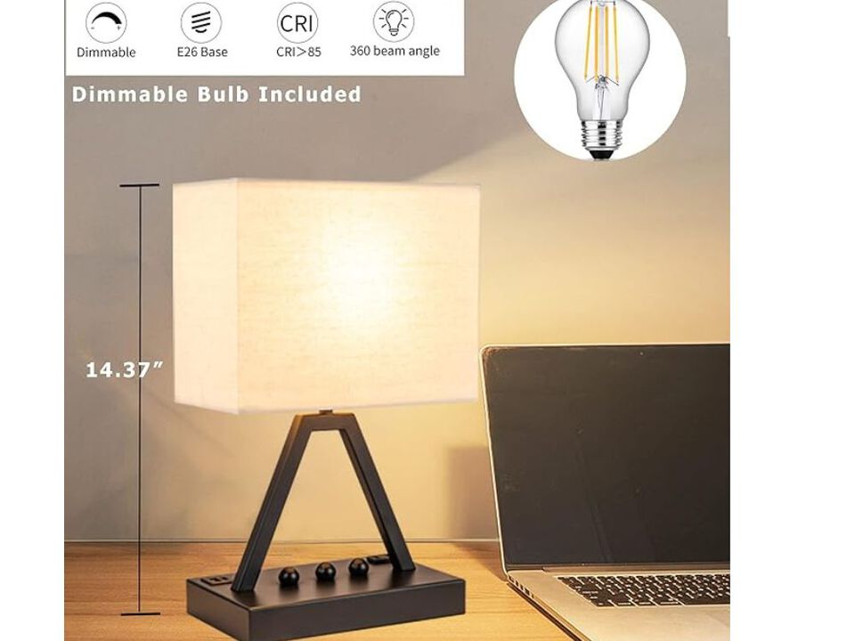Touch Table Lamp &ndash; 3-Way Dimmable, USB-C/A & AC Outlet, Phone Stand