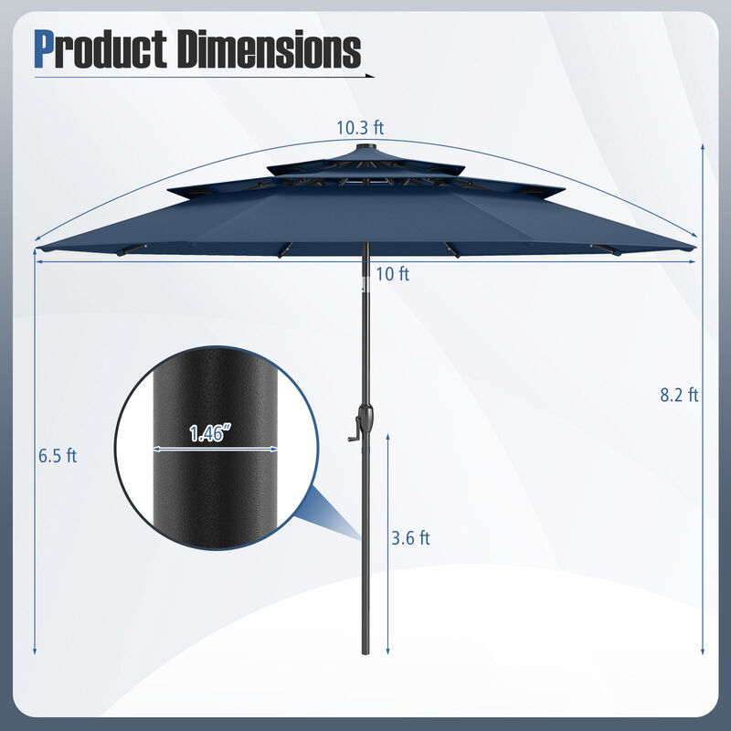 Solar Patio Umbrella with 32 LED Lights 3-Tier Vented Top
