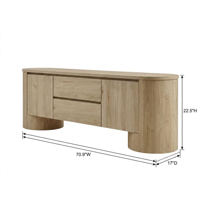 Oval Entertainment Center TV Console Cabinet with Storage and Drawers, Light Oak image number 2