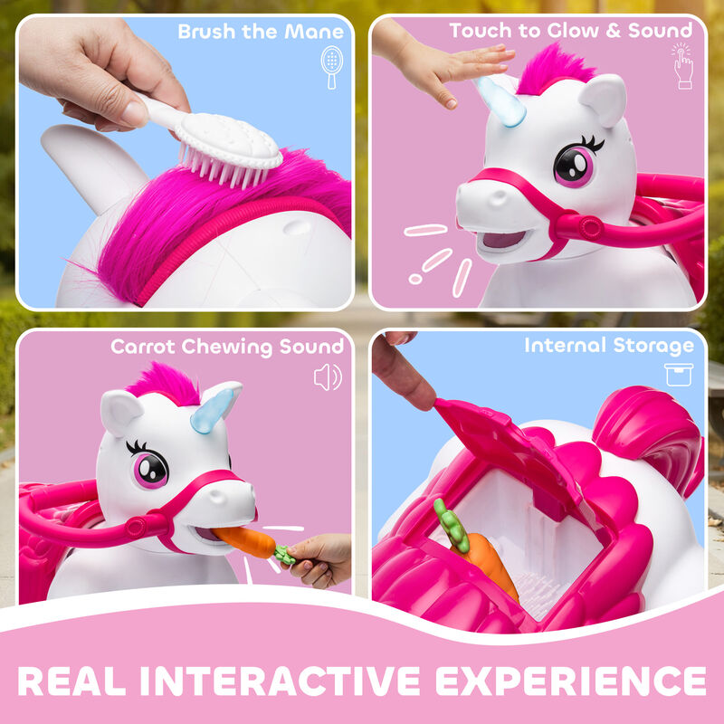 BreeBe 12V Unicorn Ride on Horse with Carrot Toy, Comb, Animal Sounds image number 4