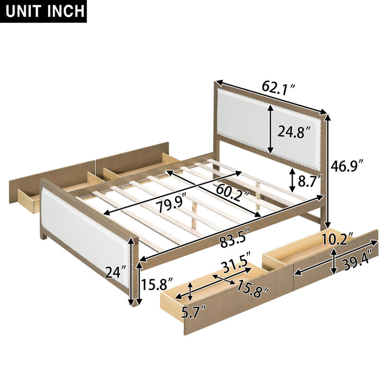 Queen Size Upholstered Platform Bed with Wood Frame and 4 Drawers, Natural Wooden+Beige Fabric