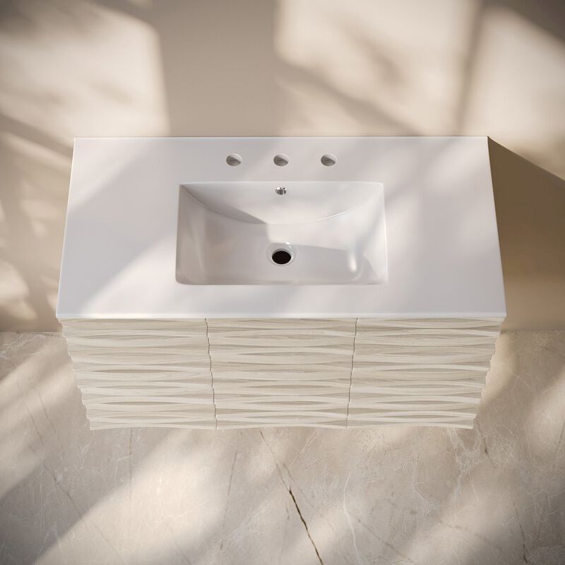 36" Wall-Mounted Bathroom Vanity in White Oak with 3-Hole Widespread Sink Top image number 3