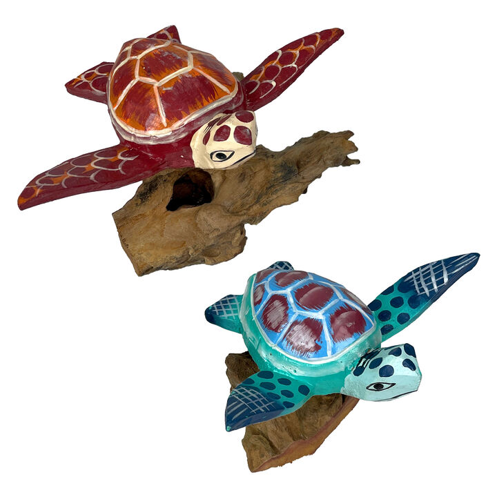 Handcrafted Sea Turtle Sculptures Set of 2, Coastal Wood Art, Ocean Home Decor