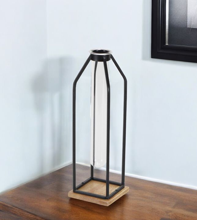 HomeRoots 12" Black Clear And Natural Metal Glass And Wood Posy Test Tube Table Vase