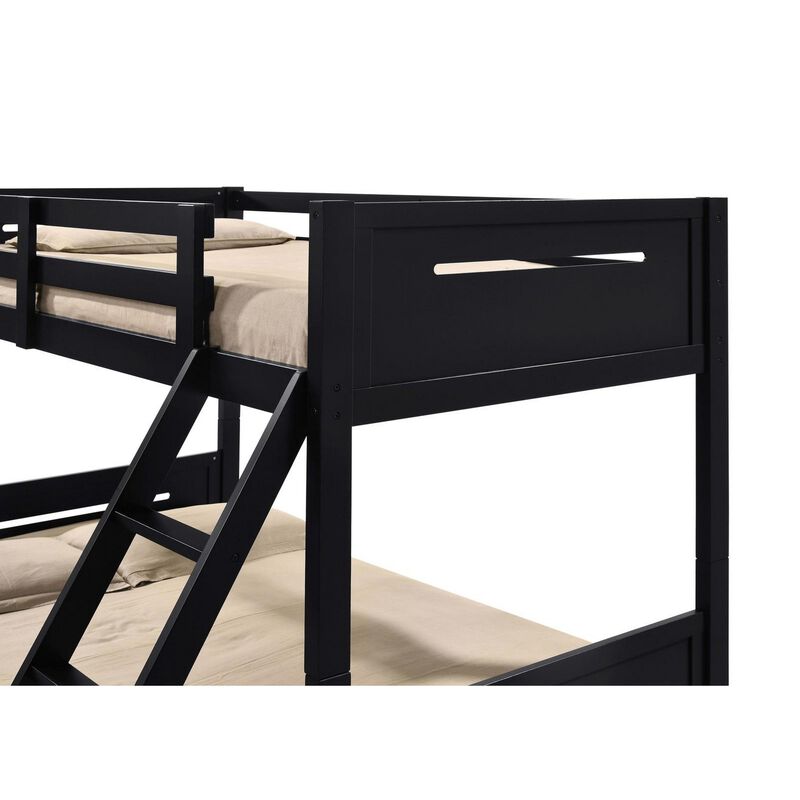 Amey Twin over Full Bunk Bed, Guard Rails, Attached Ladder, Black Wood - Benzara