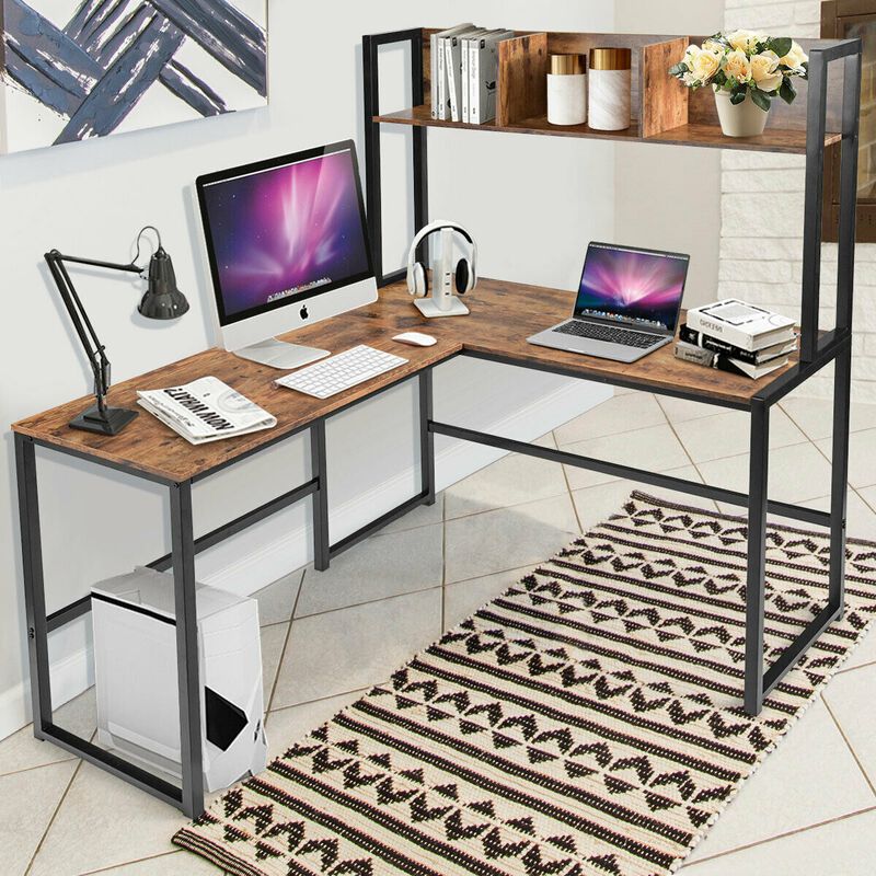 Reversible L-Shaped Corner Desk with Storage Bookshelf