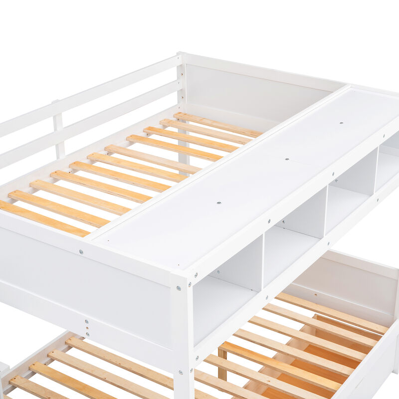 Whisen Twin over Full Bunk Bed with Shelfs, Storage Staircase and 2 Drawers- White