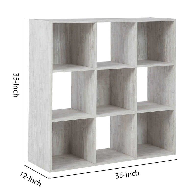 9 Cube Wooden Organizer with Grain Details, Washed White