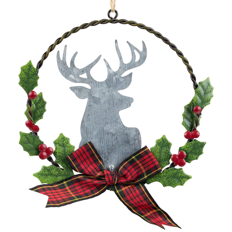 5.5" Wreath and Galvanized Moose Christmas Ornament with Plaid Bow image number 2