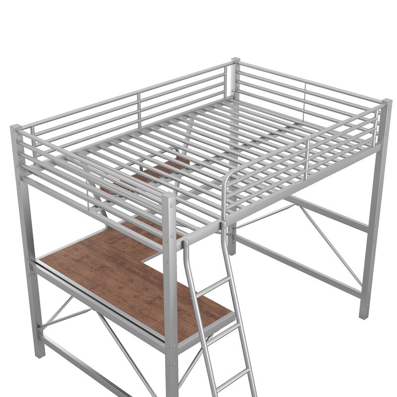 Whisen Modern Full Size Metal Loft Bed with Built-in Desk, Shelf and Ladder - Silver