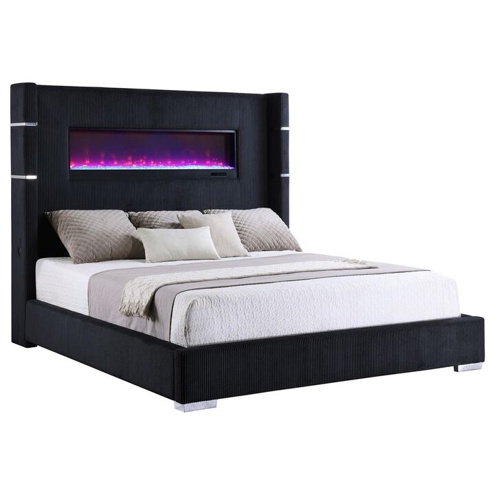 Caro California King Bed, Wingback Panel w LED Flame, Black Upholstery