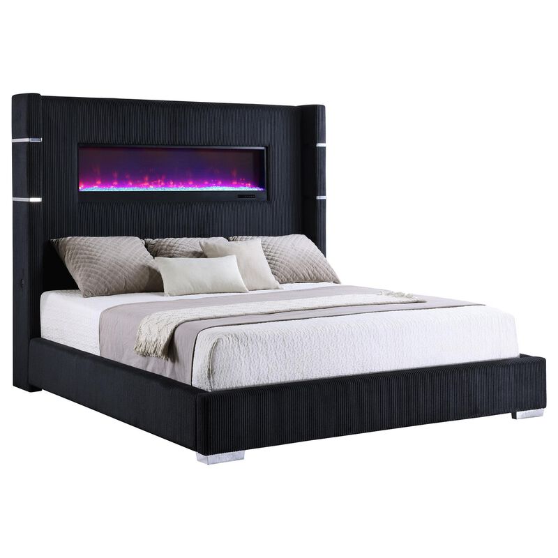 Caro California King Bed, Wingback Panel w LED Flame, Black Upholstery