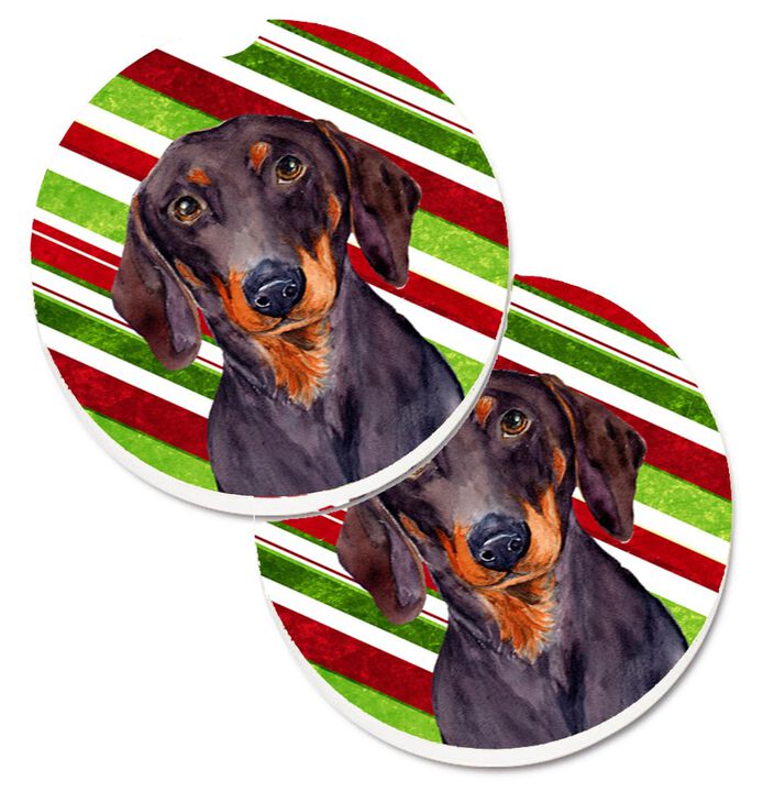 Caroline's Treasures Dachshund Candy Cane Holiday Christmas Set of 2 Cup Holder Car Coasters LH9223CARC, 2.56, Multicolor