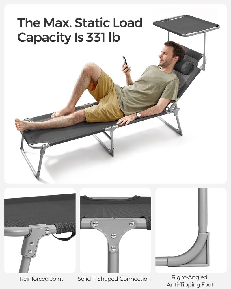 Sun Lounger with Headrest and Adjustable Backrest Canopy Shade image number 4