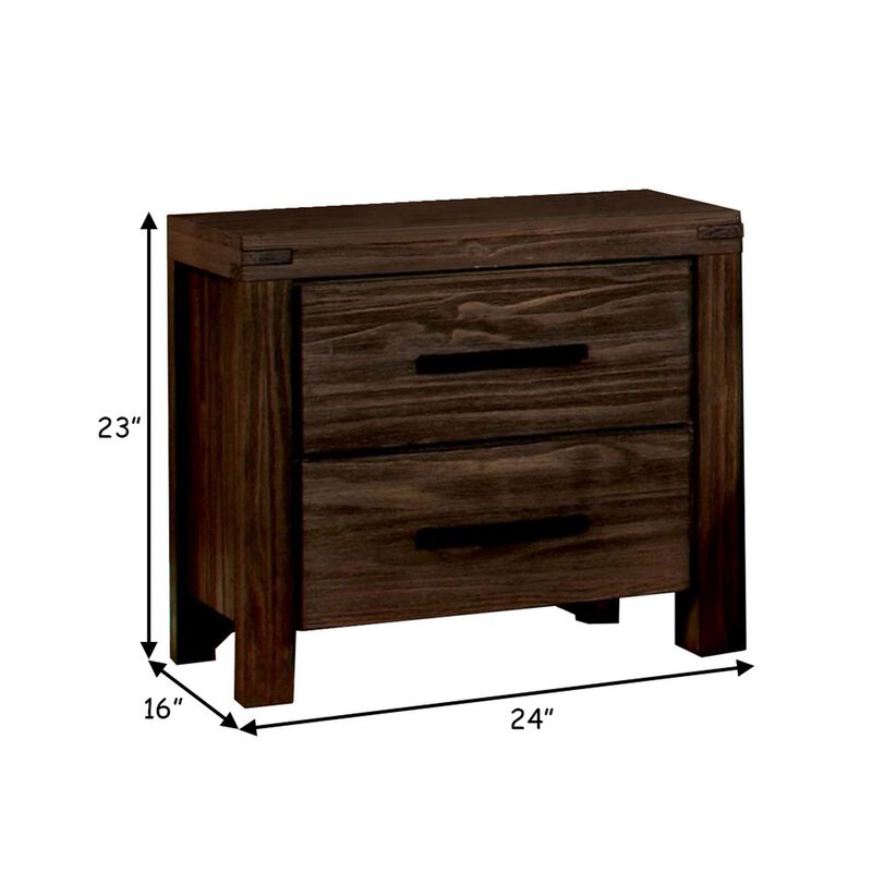24 Inch 2 Drawer Wood Nightstand, Wire Brushed Grain Finish, Dark Brown-Benzara